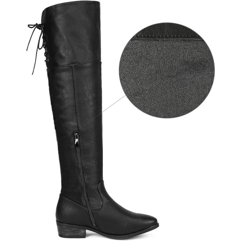 Women Black Pu Textile Over The Knee High Low Block Heel Pointed Toe Riding Boot